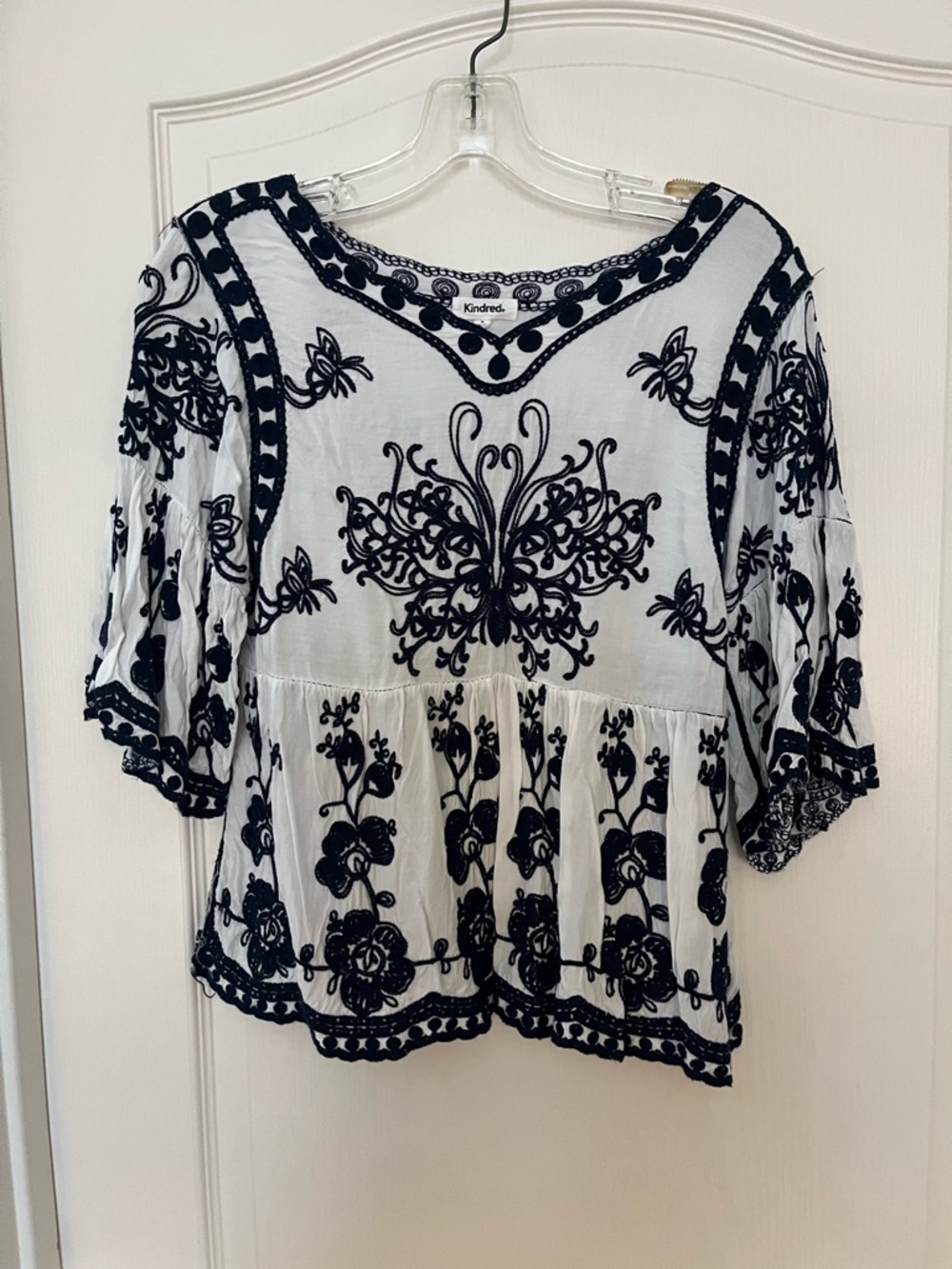 Kindred Spirit White Peasant Tunic with Navy Embroidery